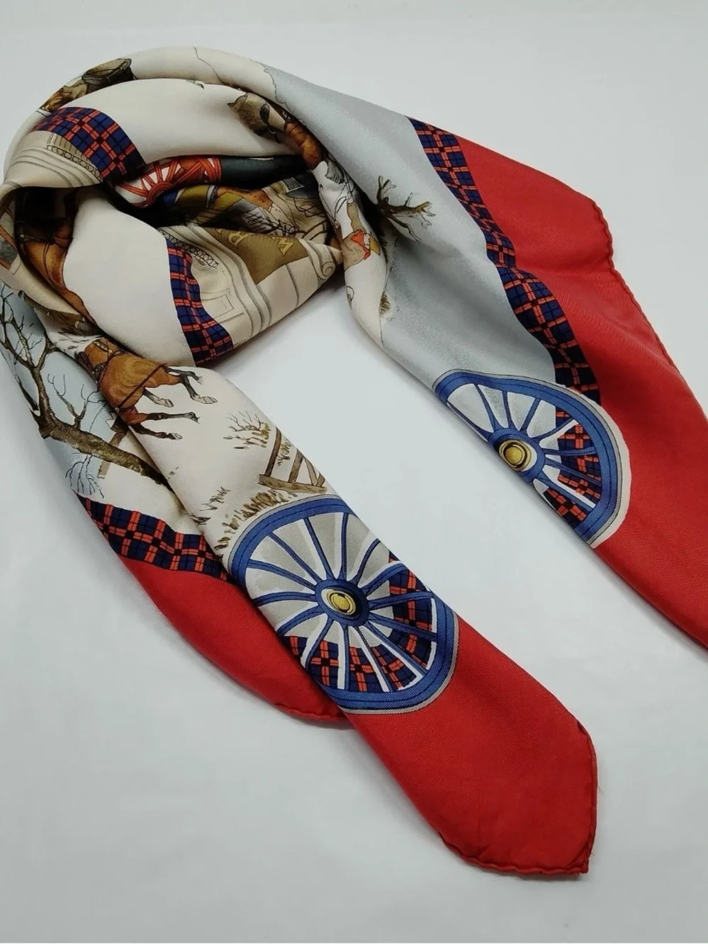 Authentic Hermès Horse Carriage Street Winter Field Red Blue White Silk Scarf 90